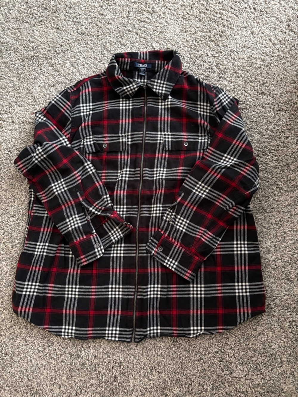 Chaps Black Red White Plaid Zip-Front Shirt Flannel